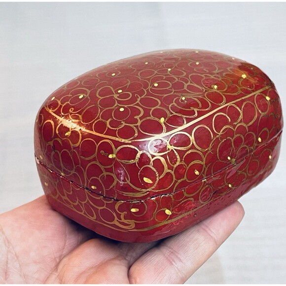 Vtg Handmade Paper Mache Burgundy Red Gold Floral Swirls Trinket Box 3.5"x3"x1.7 - Picture 2 of 6